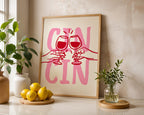 Cin Cin Print Trendy Printable Art, Wine Poster Pink & Red Fun Wall Art, Aesthetic Room Decor Retro Wine Drawing, Bar Cart Print, DIGITAL
