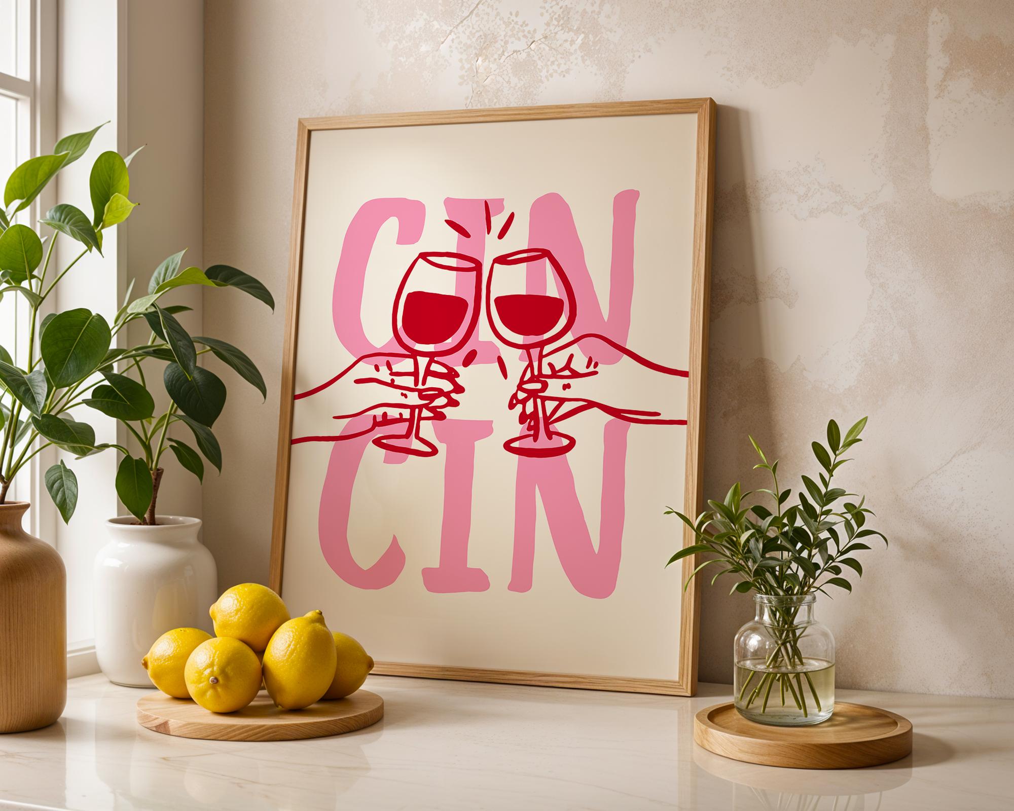 Cin Cin Print Trendy Printable Art, Wine Poster Pink & Red Fun Wall Art, Aesthetic Room Decor Retro Wine Drawing, Bar Cart Print, DIGITAL