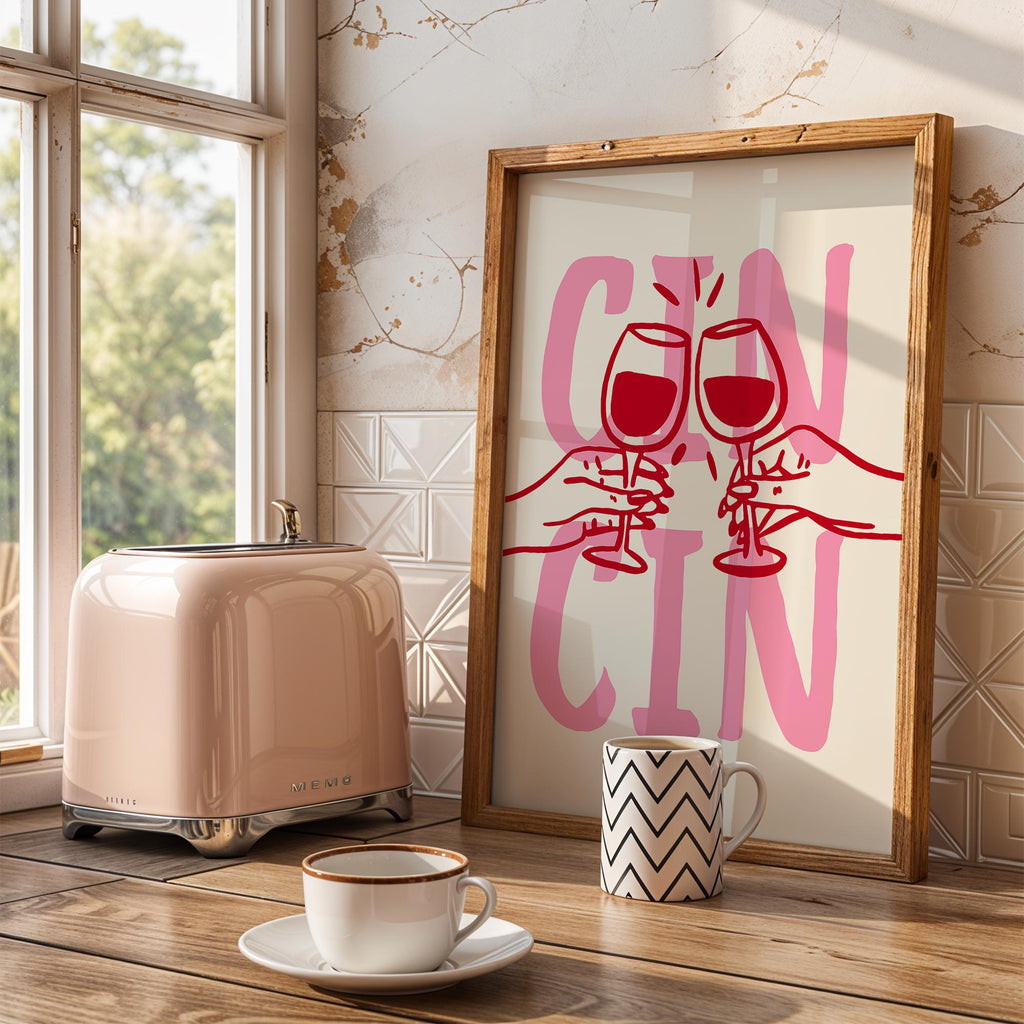 Cin Cin Print Trendy Printable Art, Wine Poster Pink & Red Fun Wall Art, Aesthetic Room Decor Retro Wine Drawing, Bar Cart Print, DIGITAL