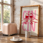 Cin Cin Print Trendy Printable Art, Wine Poster Pink & Red Fun Wall Art, Aesthetic Room Decor Retro Wine Drawing, Bar Cart Print, DIGITAL
