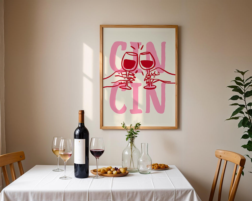 Cin Cin Print Trendy Printable Art, Wine Poster Pink & Red Fun Wall Art, Aesthetic Room Decor Retro Wine Drawing, Bar Cart Print, DIGITAL