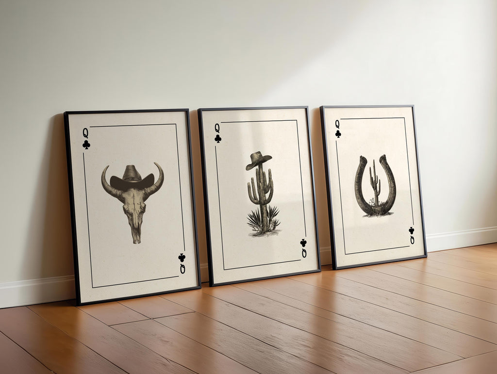 Rustic Western Wall Art Set of 3 Prints, Cowboy Bull Skull Cactus Horseshoe Decor, Country Farmhouse Ranch Style Poster, DIGITAL DOWNLOAD