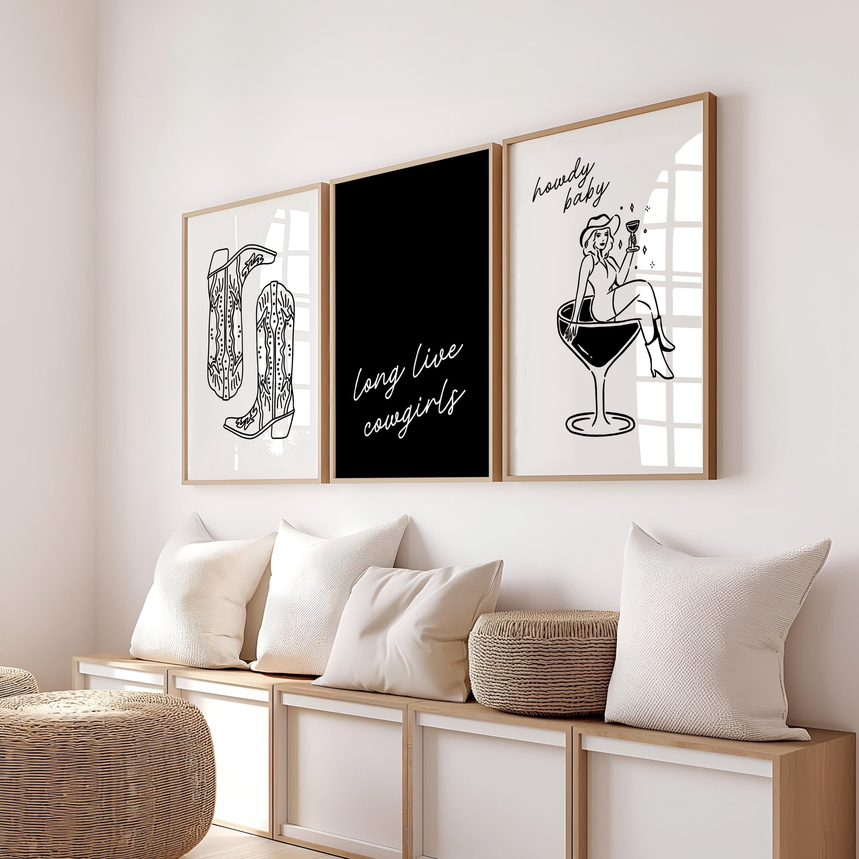 Western Cowgirl Wall Art Set of 3 Prints, Howdy Baby Cocktail Boots Quote Poster, Rustic Bachelorette Party Decor, DIGITAL DOWNLOAD