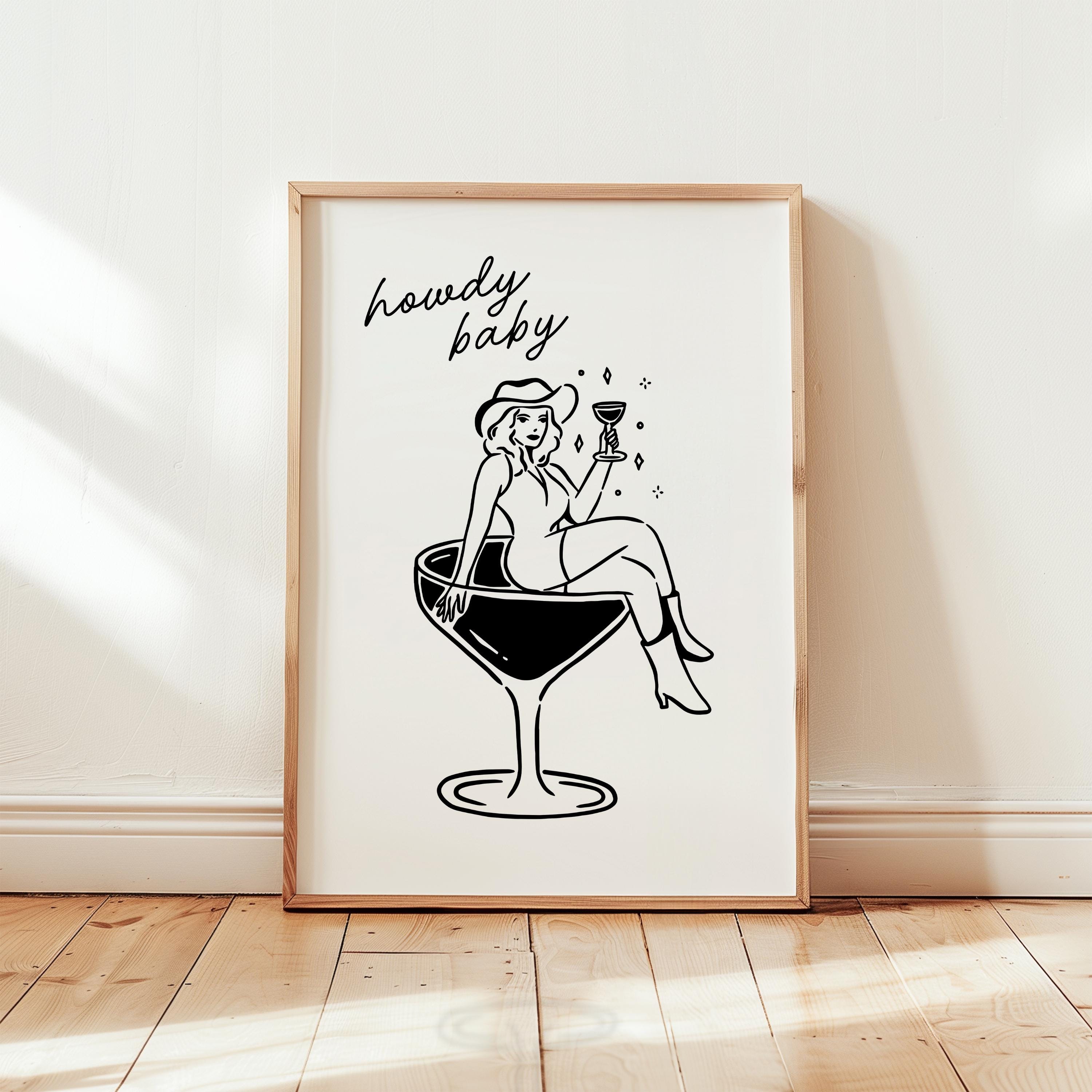 Howdy Baby Cowgirl Wall Art Print, Western Cocktail Poster, Retro Pin Up Girl Cowboy Hat Decor, Bachelorette Party Gift, DIGITAL DOWNLOAD