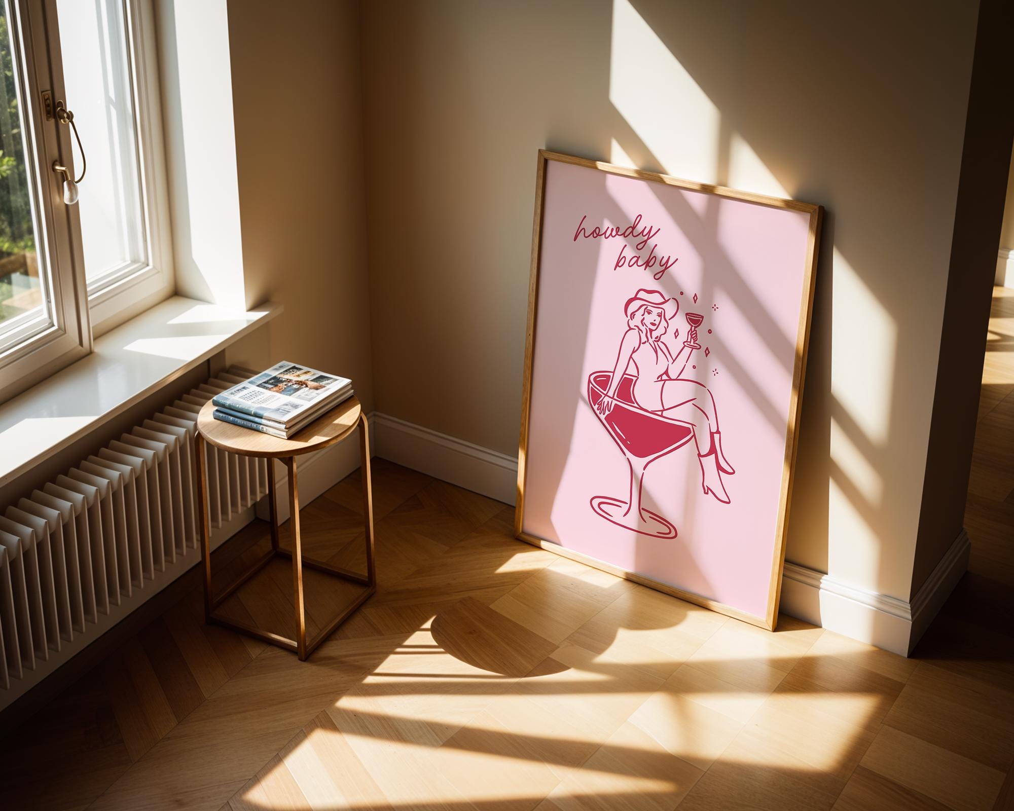 Howdy Baby Western Wall Art, Retro Cowgirl Cocktail Poster, Funny Bar Cart Decor, Pink Digital Print, Preppy Coquette Dorm Room Aesthetic