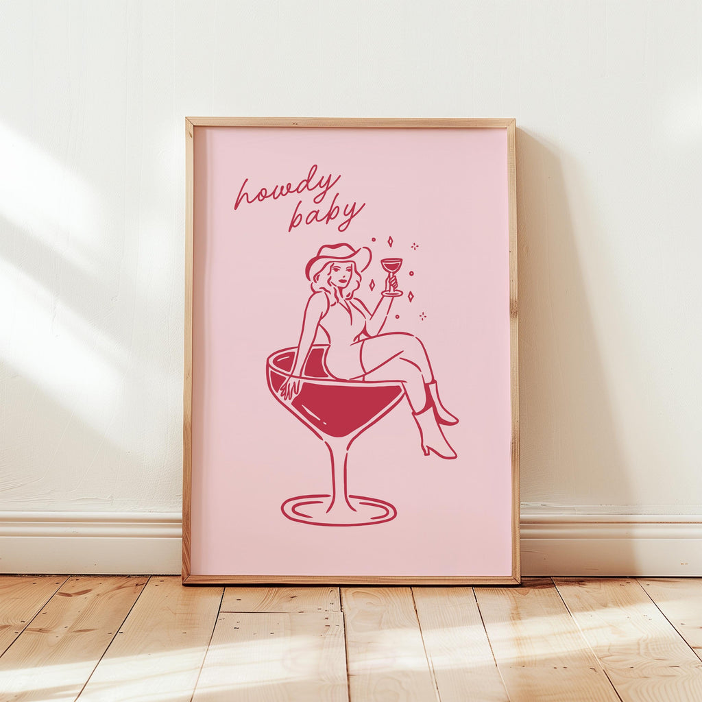 Howdy Baby Western Wall Art, Retro Cowgirl Cocktail Poster, Funny Bar Cart Decor, Pink Digital Print, Preppy Coquette Dorm Room Aesthetic