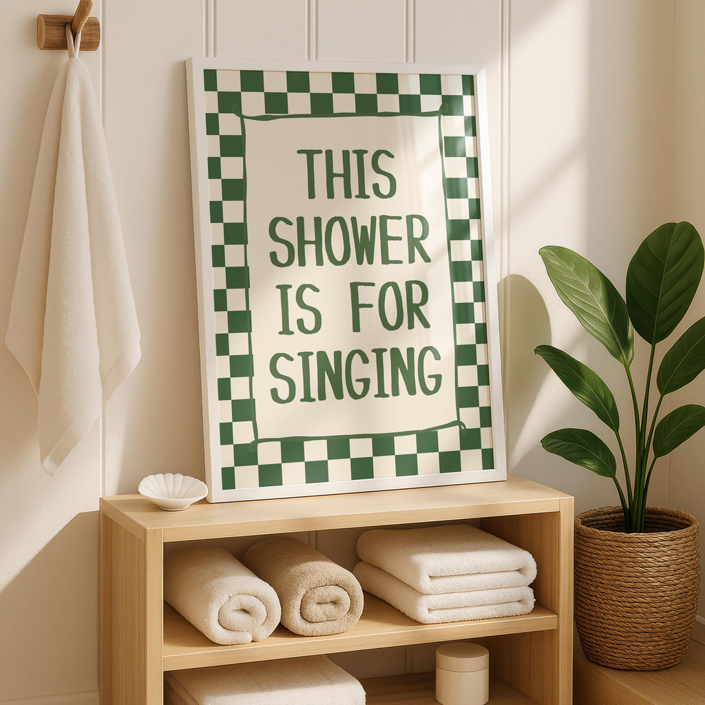 This Shower Is for Singing Print, Funny Bathroom Wall Art, Retro Checkerboard Poster, Green Check Print, Humorous Home Decor Gift, DIGITAL