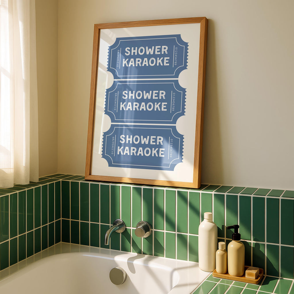 Shower Karaoke Print, Funny Bathroom Wall Art, Blue Ticket Poster, Retro Bathroom Decor, Humorous Wall Art Gift, DIGITAL DOWNLOAD