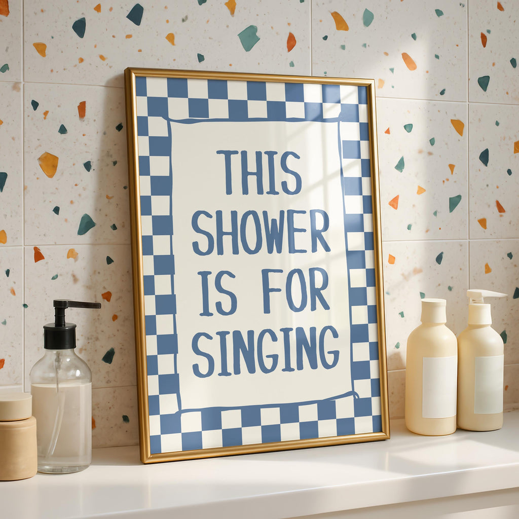 This Shower Is for Singing Print, Funny Bathroom Wall Art, Blue Checkerboard Poster, Retro Bathroom Decor, Humorous Gift, Digital Download