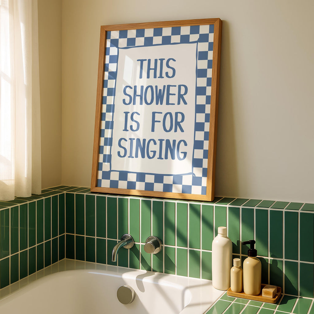 This Shower Is for Singing Print, Funny Bathroom Wall Art, Blue Checkerboard Poster, Retro Bathroom Decor, Humorous Gift, Digital Download
