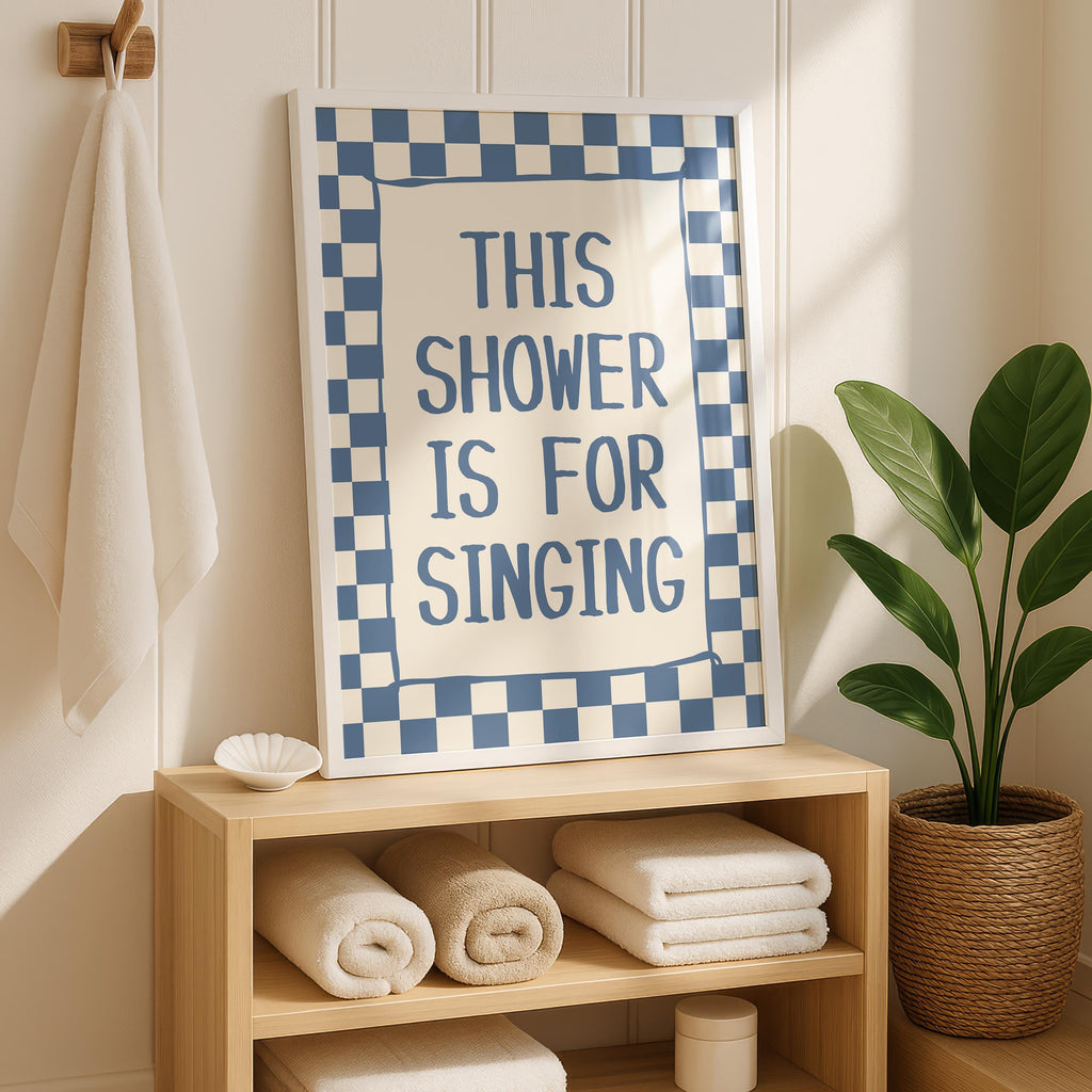 This Shower Is for Singing Print, Funny Bathroom Wall Art, Blue Checkerboard Poster, Retro Bathroom Decor, Humorous Gift, Digital Download