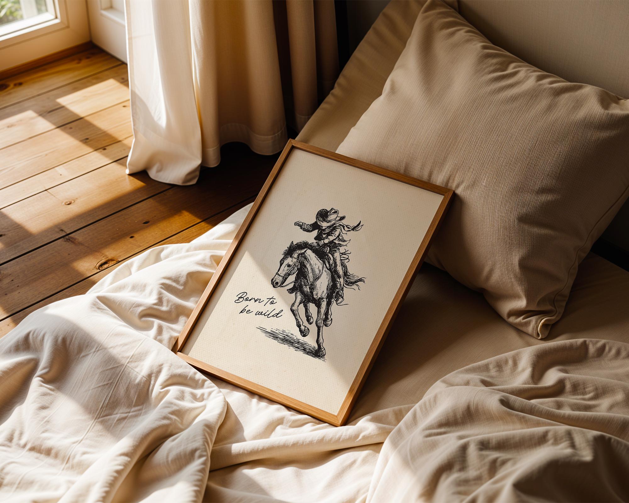 Born to Be Wild Cowboy Wall Art, Western Horse Rider Print, Rustic Rodeo Poster, Vintage Country Farmhouse Digital Wall Decor Gift