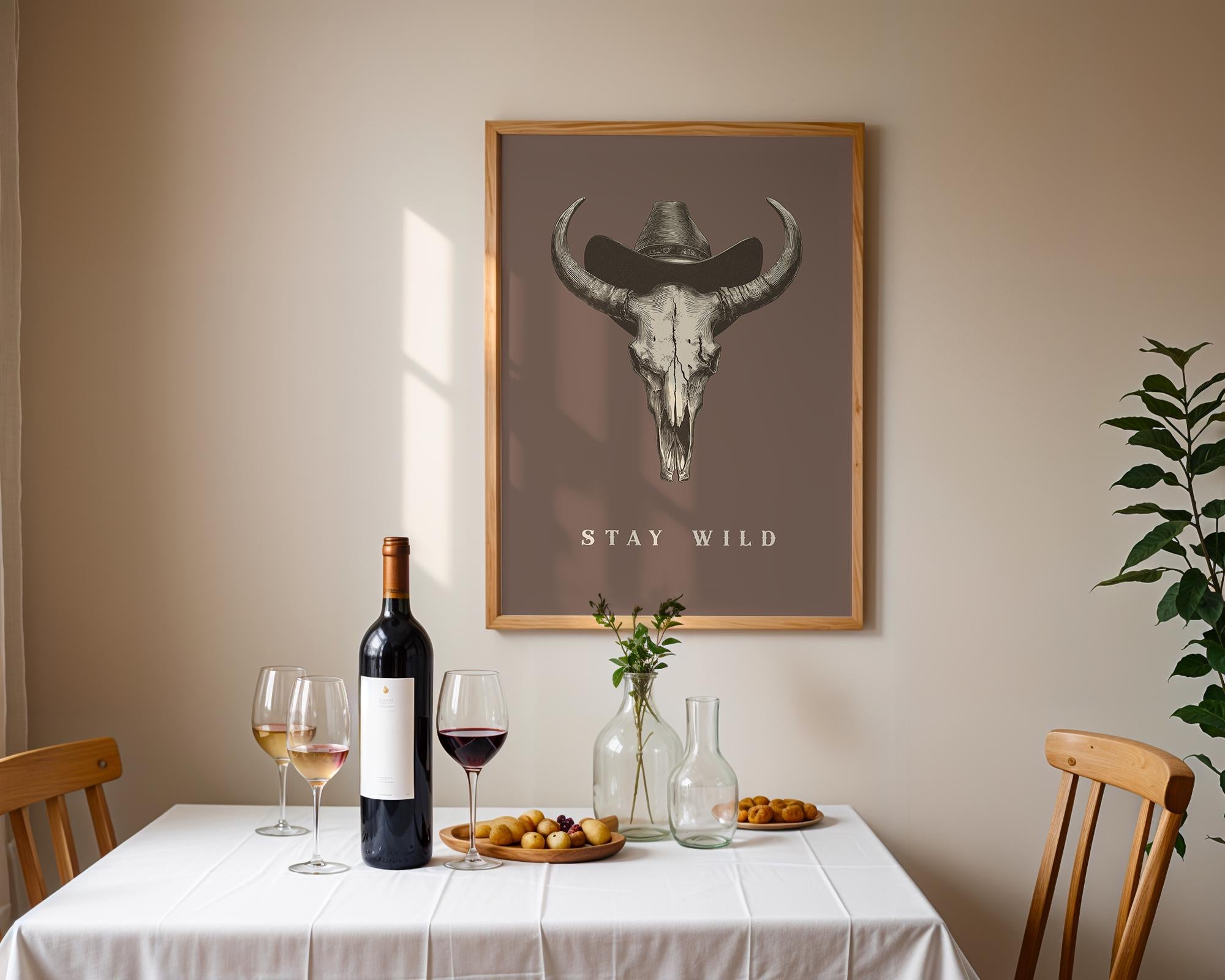 Stay Wild Western Wall Art, Cowboy Skull Print with Hat, Rustic Farmhouse Rodeo Poster, Vintage Country Boho Digital Wall Decor Gift