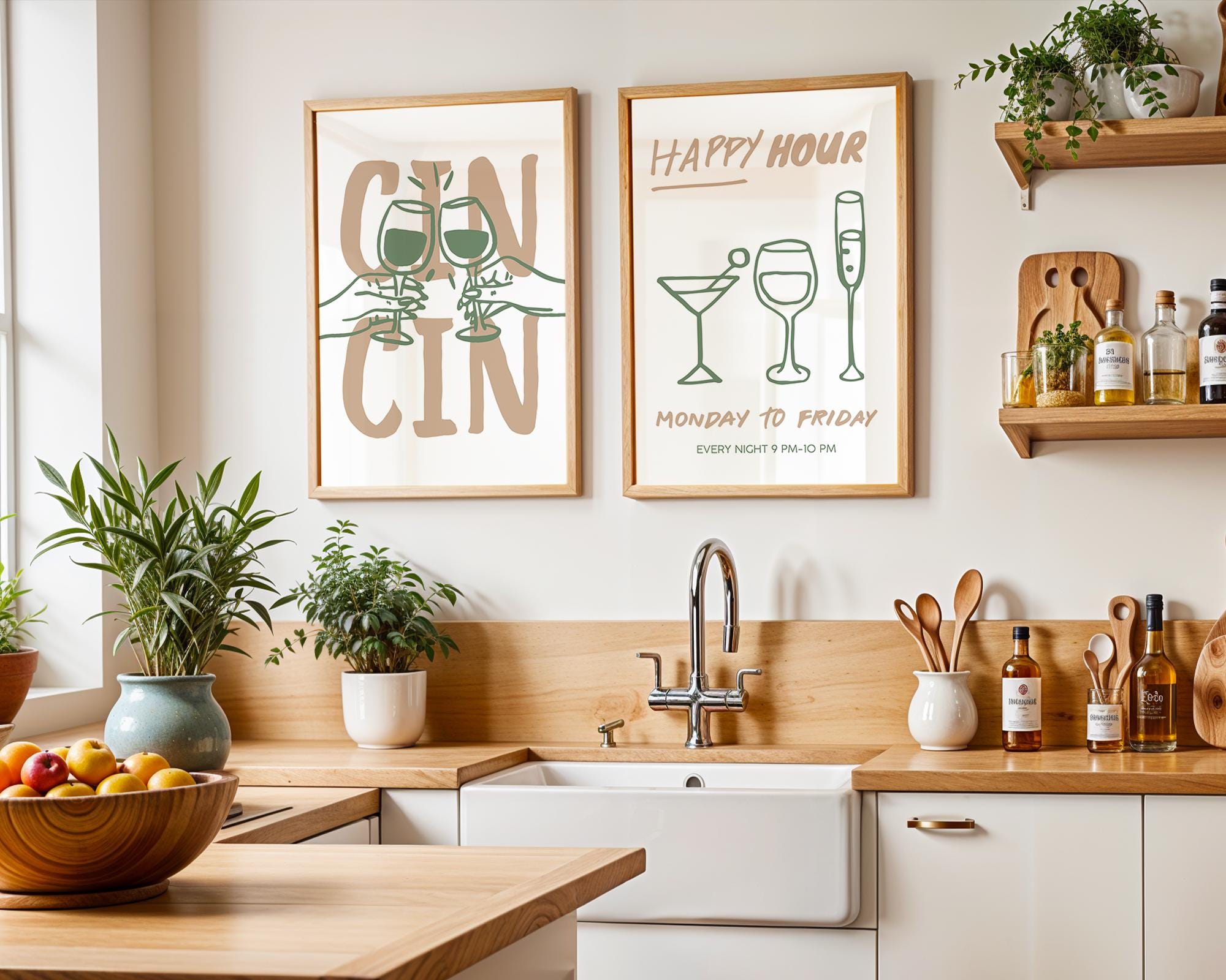 Cin Cin Kitchen Wall Art, Wine Print Set, Cheers Poster, Modern Minimalist Bar Decor, Green Beige Dining Room Printable, DIGITAL DOWNLOAD