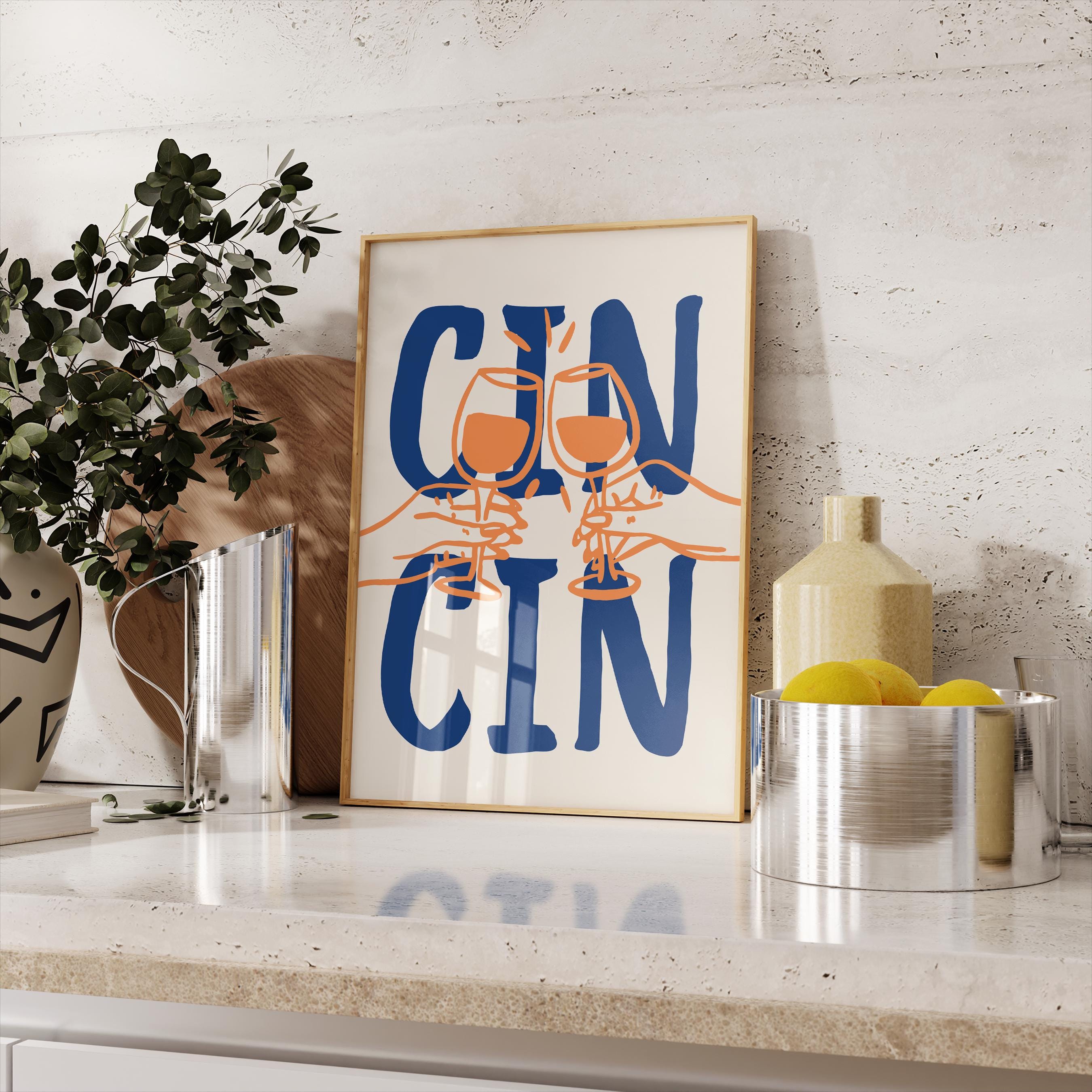 Cin Cin Print Trendy Printable Art, Wine Poster Blue & Orange Fun Wall Art, Aesthetic Room Decor Retro Wine Drawing, Bar Cart Print, DIGITAL