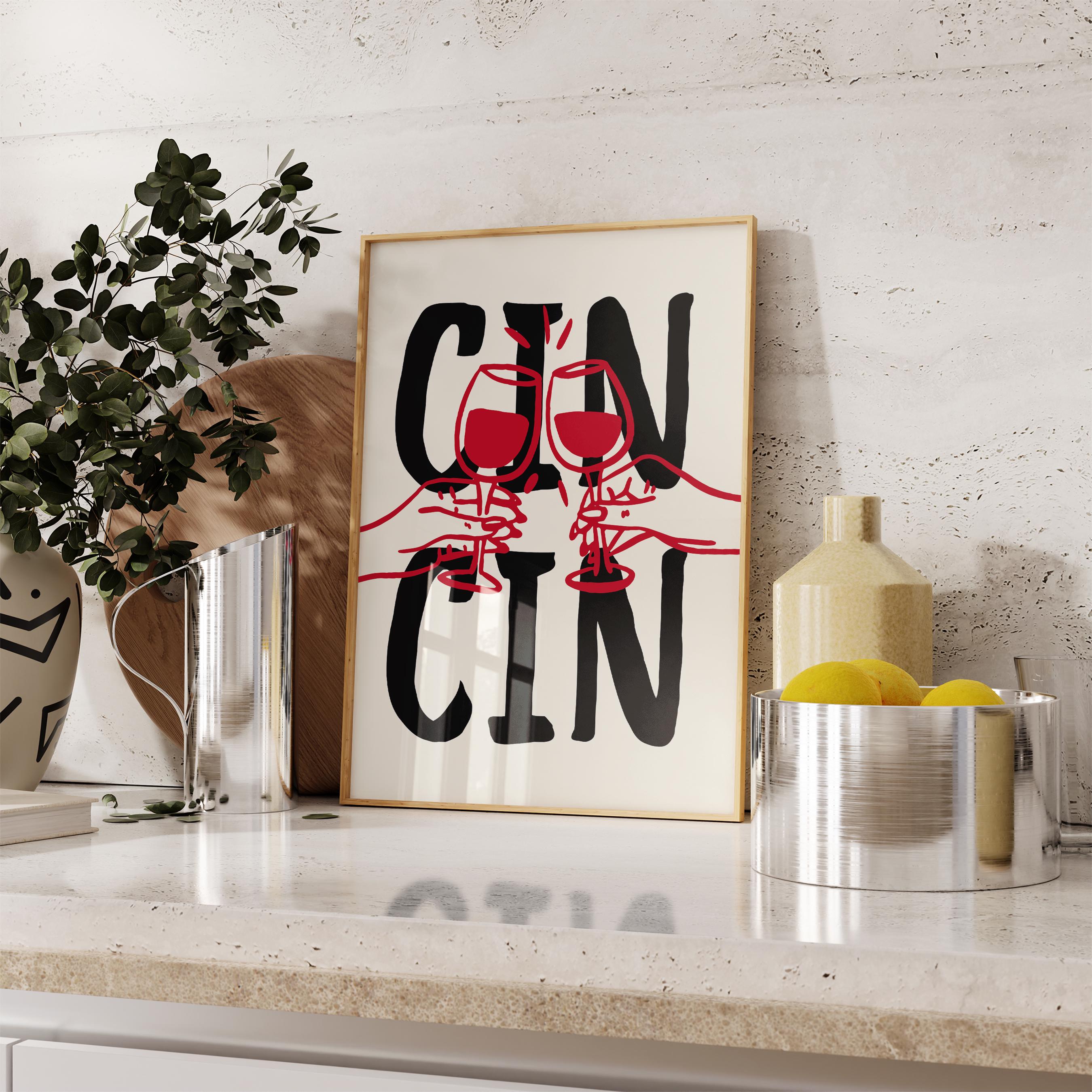 Cin Cin Print Trendy Printable Art, Wine Poster Black & Red Fun Wall Art, Aesthetic Room Decor Retro Wine Drawing, Bar Cart Print, DIGITAL