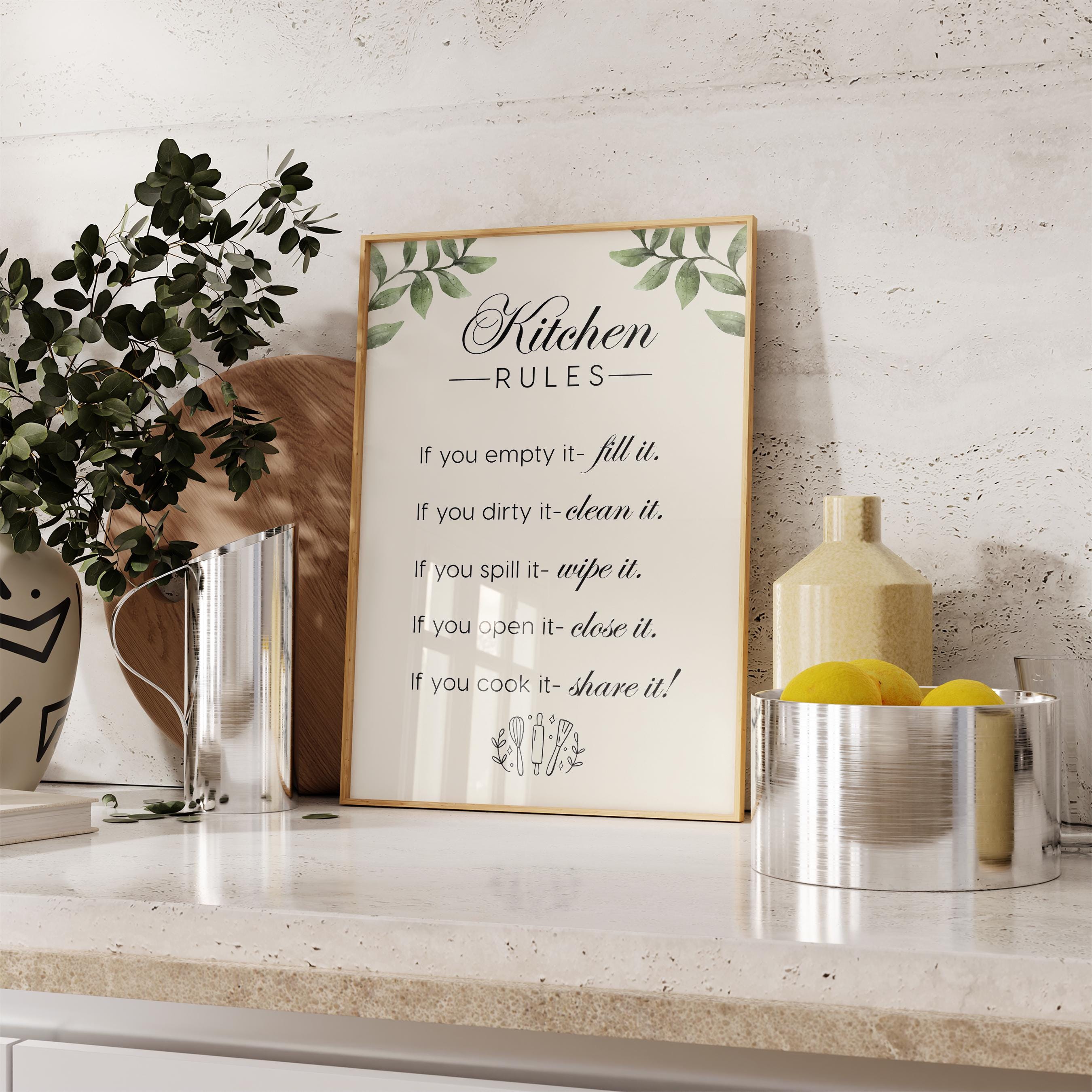 Kitchen Rules Sign, Funny Kitchen Wall Art, Farmhouse Kitchen Quote Print, Rustic Cooking Poster, Modern Kitchen Wall Decor DIGITAL DOWNLOAD