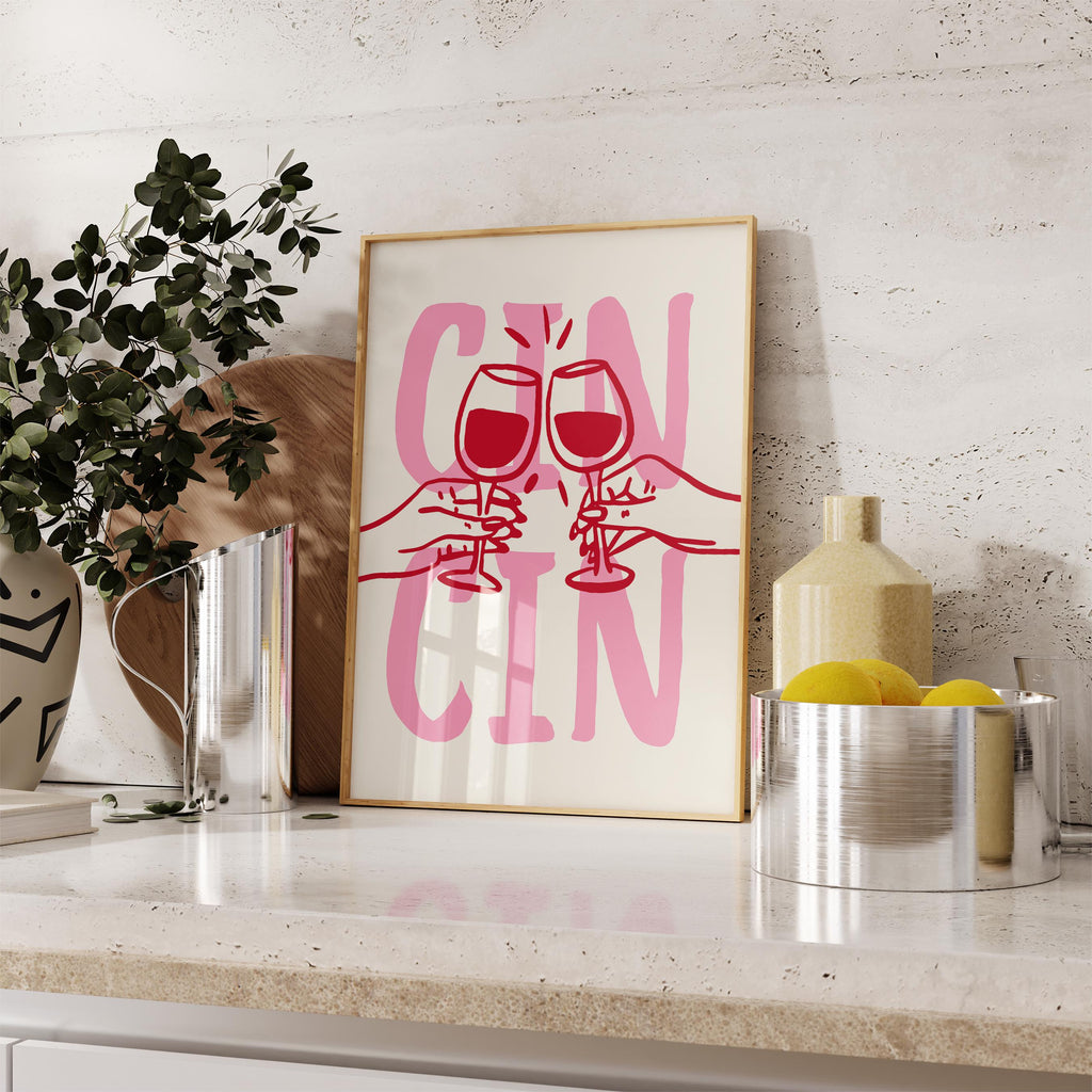 Cin Cin Print Trendy Printable Art, Wine Poster Pink & Red Fun Wall Art, Aesthetic Room Decor Retro Wine Drawing, Bar Cart Print, DIGITAL