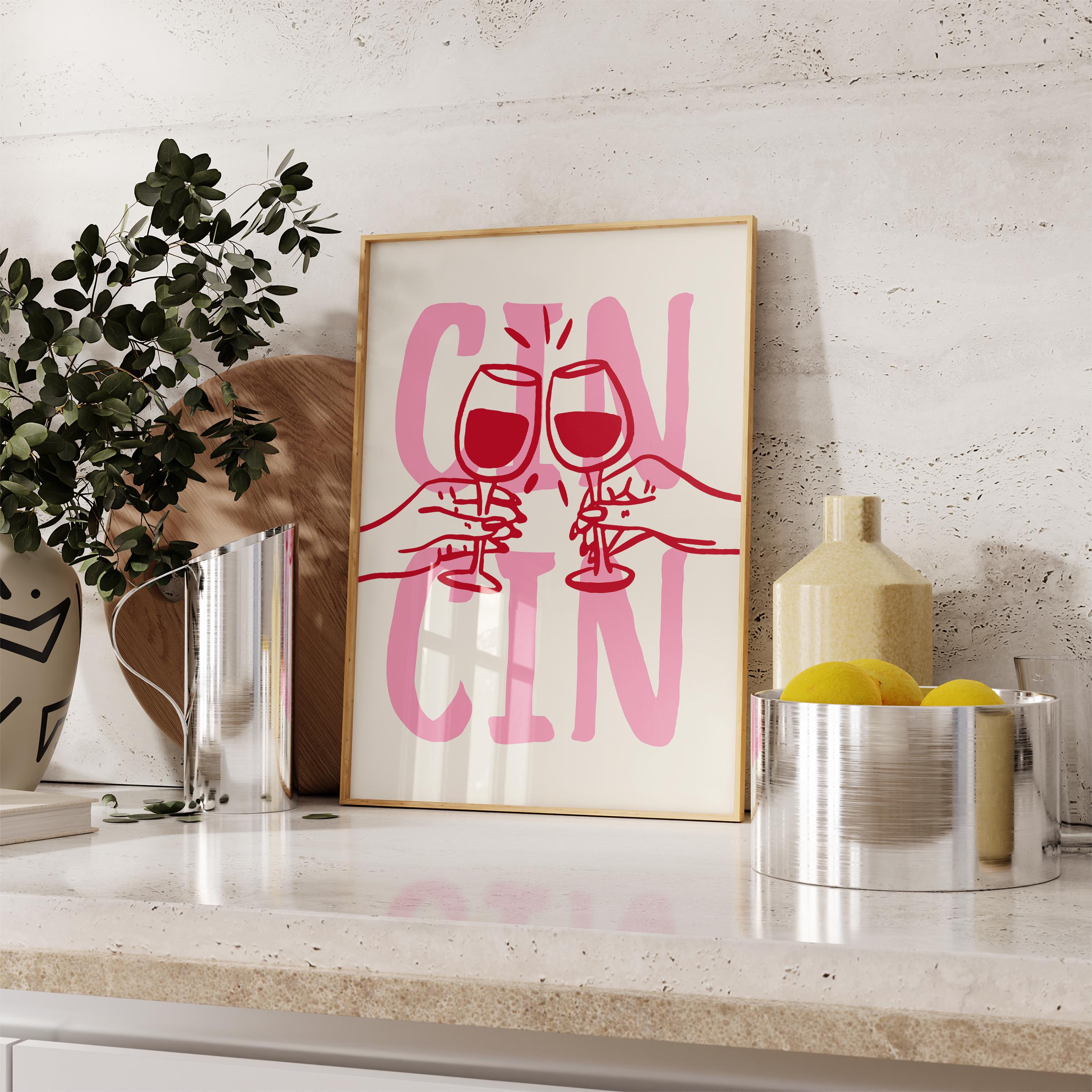 Cin Cin Print Trendy Printable Art, Wine Poster Pink & Red Fun Wall Art, Aesthetic Room Decor Retro Wine Drawing, Bar Cart Print, DIGITAL