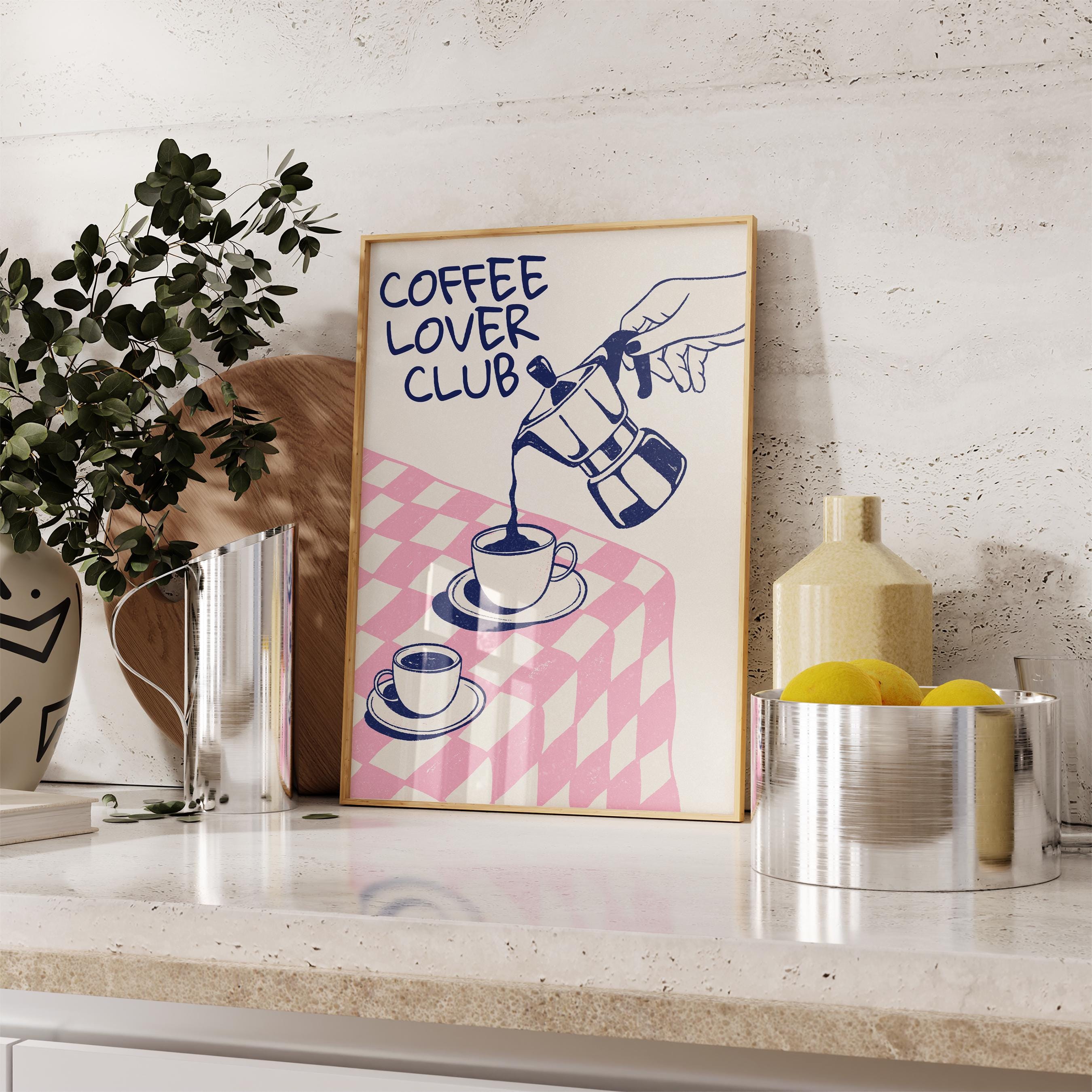 Coffee Lover Club Retro Print, Breakfast Poster, Moka Pot Espresso Print, Hand Drawn Kitchen Print, Blue & Pink Fun Wall Art, DIGITAL ART