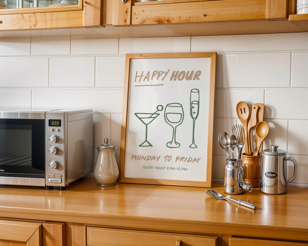 Happy Hour Poster, Bar Wall Art Printable, Minimal Line Art Drinks Print, Modern Kitchen Decor, Green Beige Cocktail Wine Print, DIGITAL