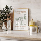 Happy Hour Poster, Bar Wall Art Printable, Minimal Line Art Drinks Print, Modern Kitchen Decor, Green Beige Cocktail Wine Print, DIGITAL