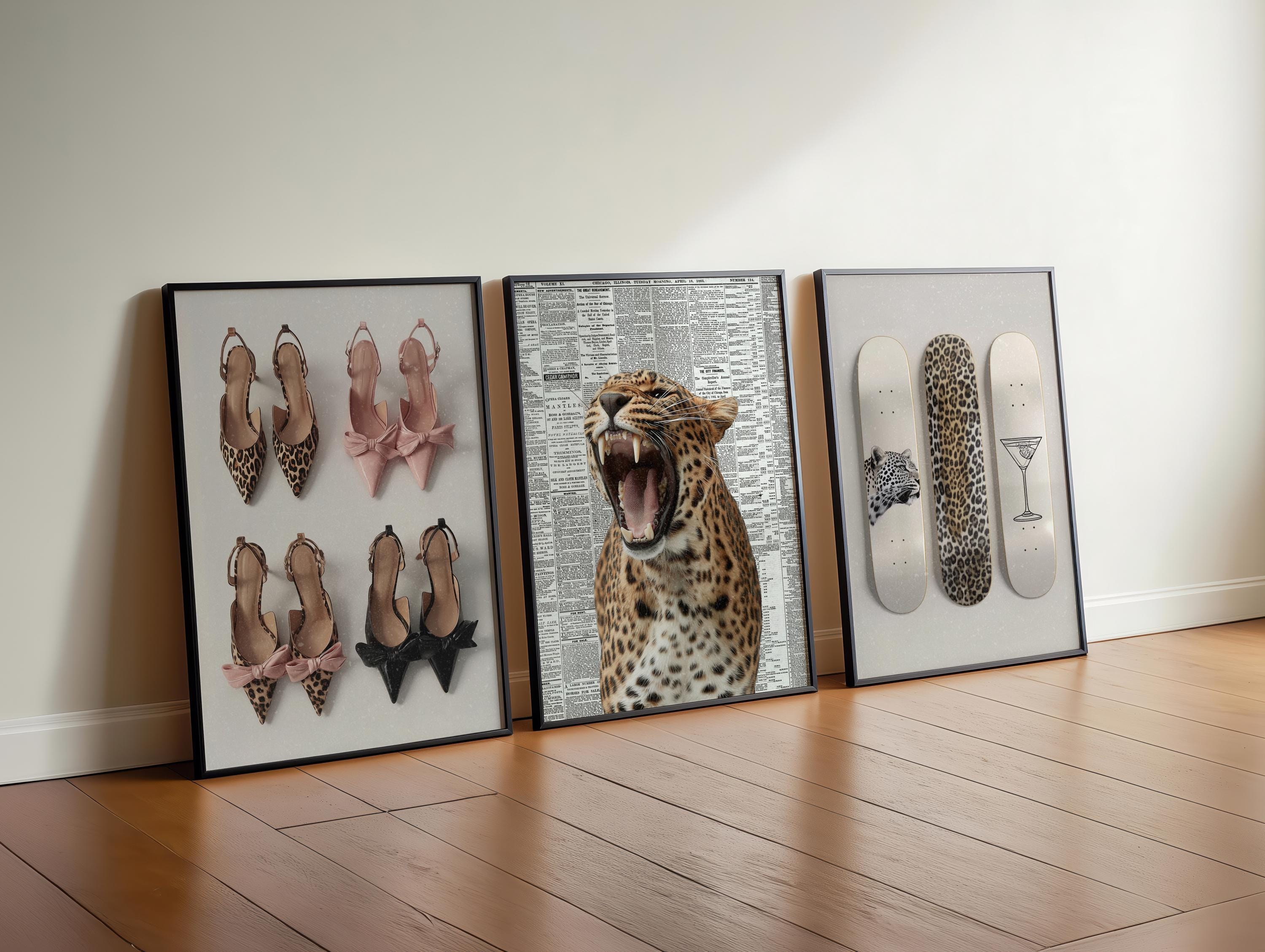 Leopard Fashion Wall Art Set, Chic Bow Heels Print, Martini Glass Poster Trio, Modern Glam Gallery Wall Decor, Stylish Bedroom Print DIGITAL