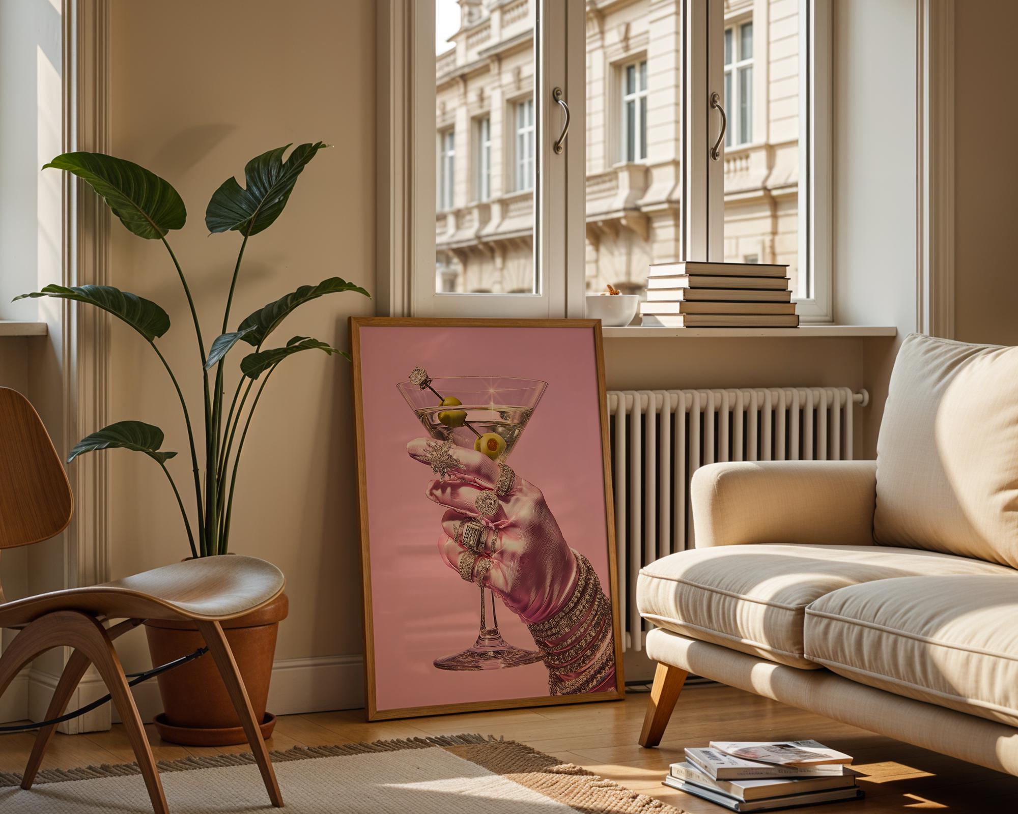 Pink Glam Martini Art Print, Fashion Wall Art, Diamond Hand Poster, Chic Bar Decor, Luxury Cocktail Artwork, Gift for Her, DIGITAL DOWNLOAD