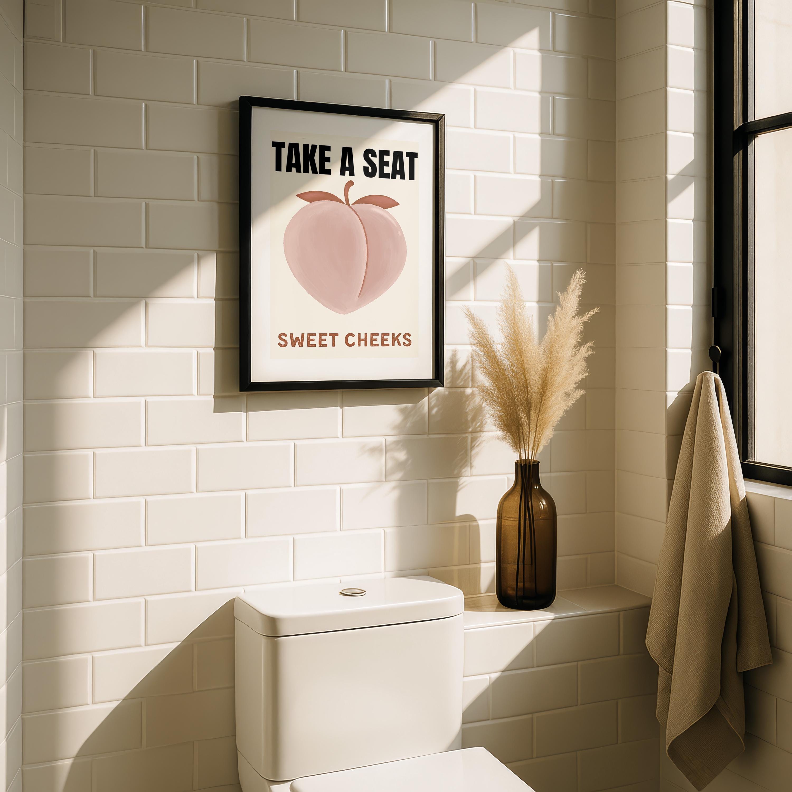 Funny Bathroom Wall Art Set of 6, Beige Retro Peach Sweet Cheeks Prints, Guest Check Quote Decor, Funny Goose Nice Bum Printable Art DIGITAL