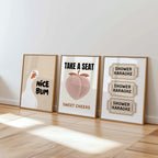 Funny Bathroom Wall Art Set of 6, Beige Retro Peach Sweet Cheeks Prints, Guest Check Quote Decor, Funny Goose Nice Bum Printable Art DIGITAL