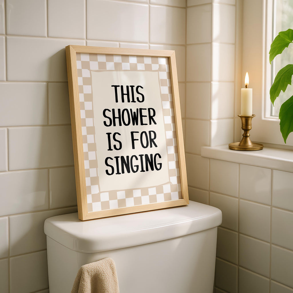 This Shower Is for Singing Print, Funny Bathroom Wall Art, Retro Checkerboard Poster, Beige Check Print, Humorous Home Decor Gift, DIGITAL