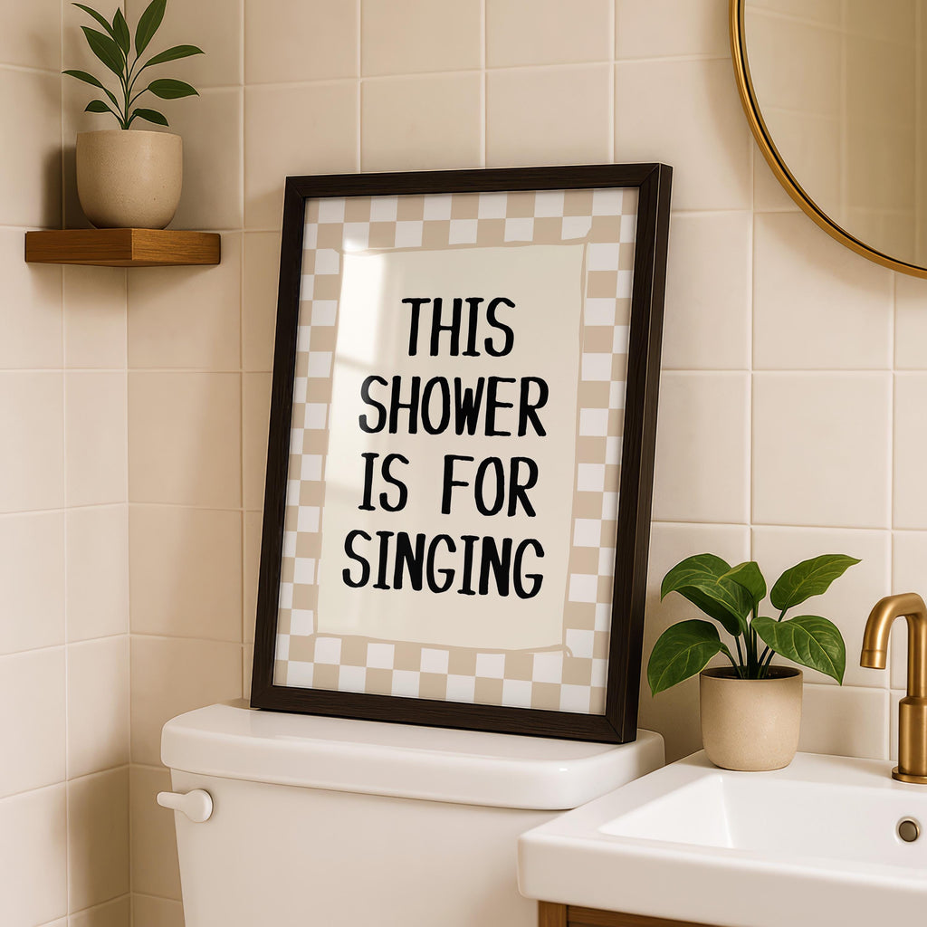 This Shower Is for Singing Print, Funny Bathroom Wall Art, Retro Checkerboard Poster, Beige Check Print, Humorous Home Decor Gift, DIGITAL