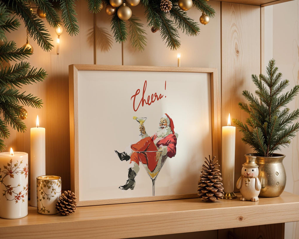 Retro Christmas Santa Cheers Print, Funny Holiday Wall Art, Mid Century Cocktail Santa Poster, Festive Bar Decor, Vintage Christmas Gift