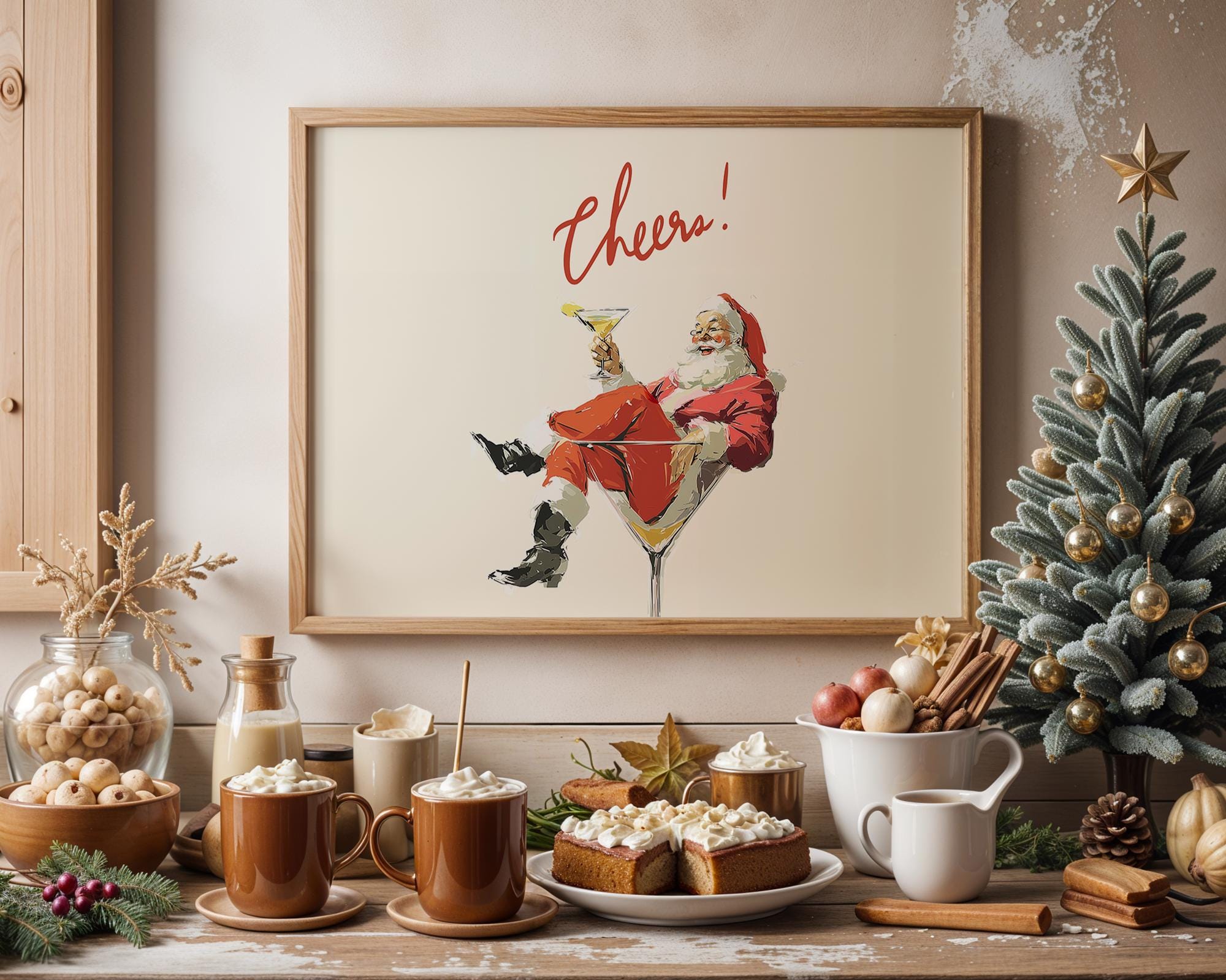 Retro Christmas Santa Cheers Print, Funny Holiday Wall Art, Mid Century Cocktail Santa Poster, Festive Bar Decor, Vintage Christmas Gift