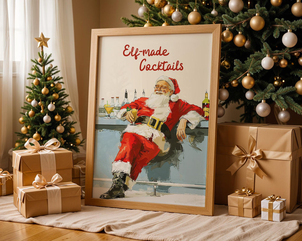 Retro Santa Bar Print, Elf-Made Cocktails Christmas Poster, Funny Holiday Wall Art, Vintage Santa Claus Drink Decor Gift, DIGITAL DOWNLOAD