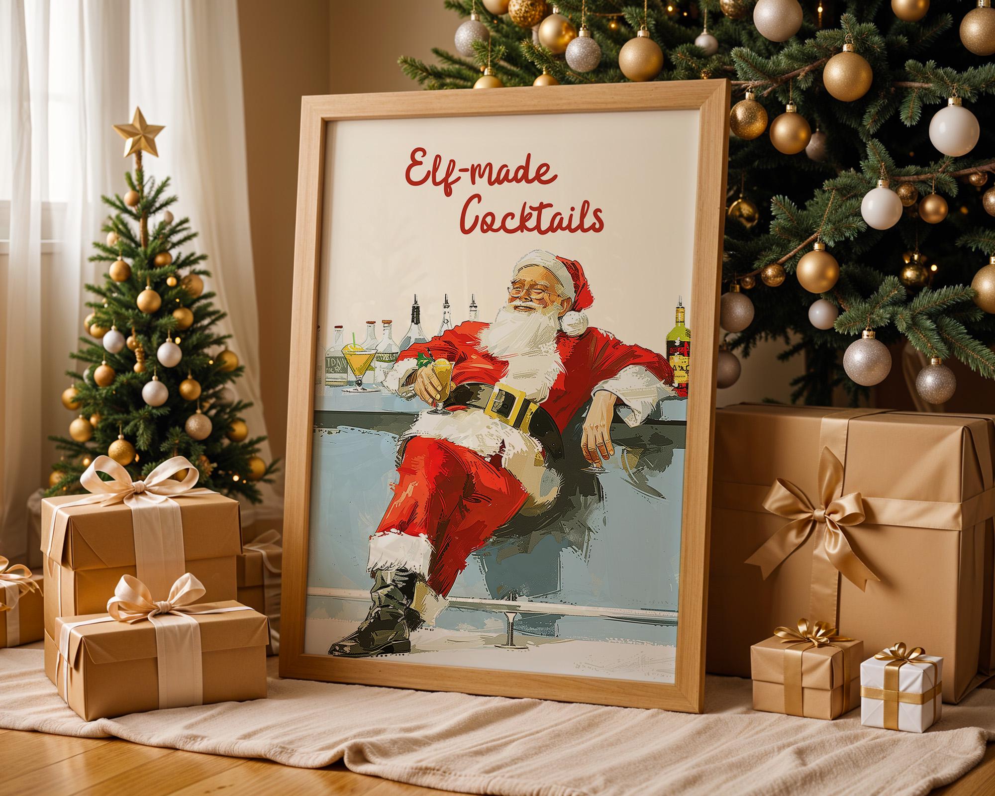 Retro Santa Bar Print, Elf-Made Cocktails Christmas Poster, Funny Holiday Wall Art, Vintage Santa Claus Drink Decor Gift, DIGITAL DOWNLOAD