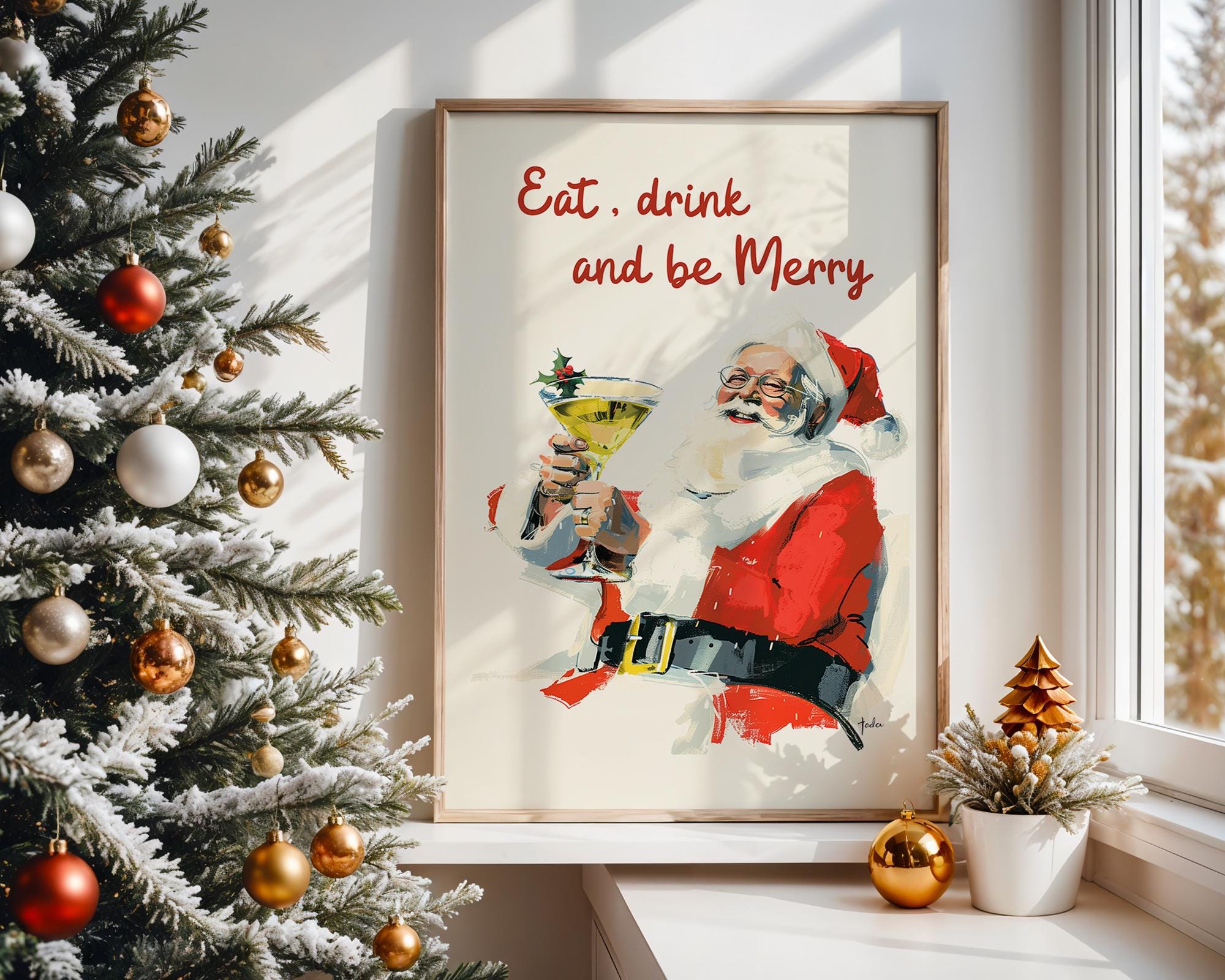 Eat Drink and Be Merry Print, Retro Santa Claus Christmas Poster, Funny Holiday Wall Art, Vintage Bar Decor, Festive Gift, DIGITAL DOWNLOAD