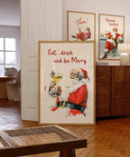Eat Drink and Be Merry Print, Retro Santa Claus Christmas Poster, Funny Holiday Wall Art, Vintage Bar Decor, Festive Gift, DIGITAL DOWNLOAD