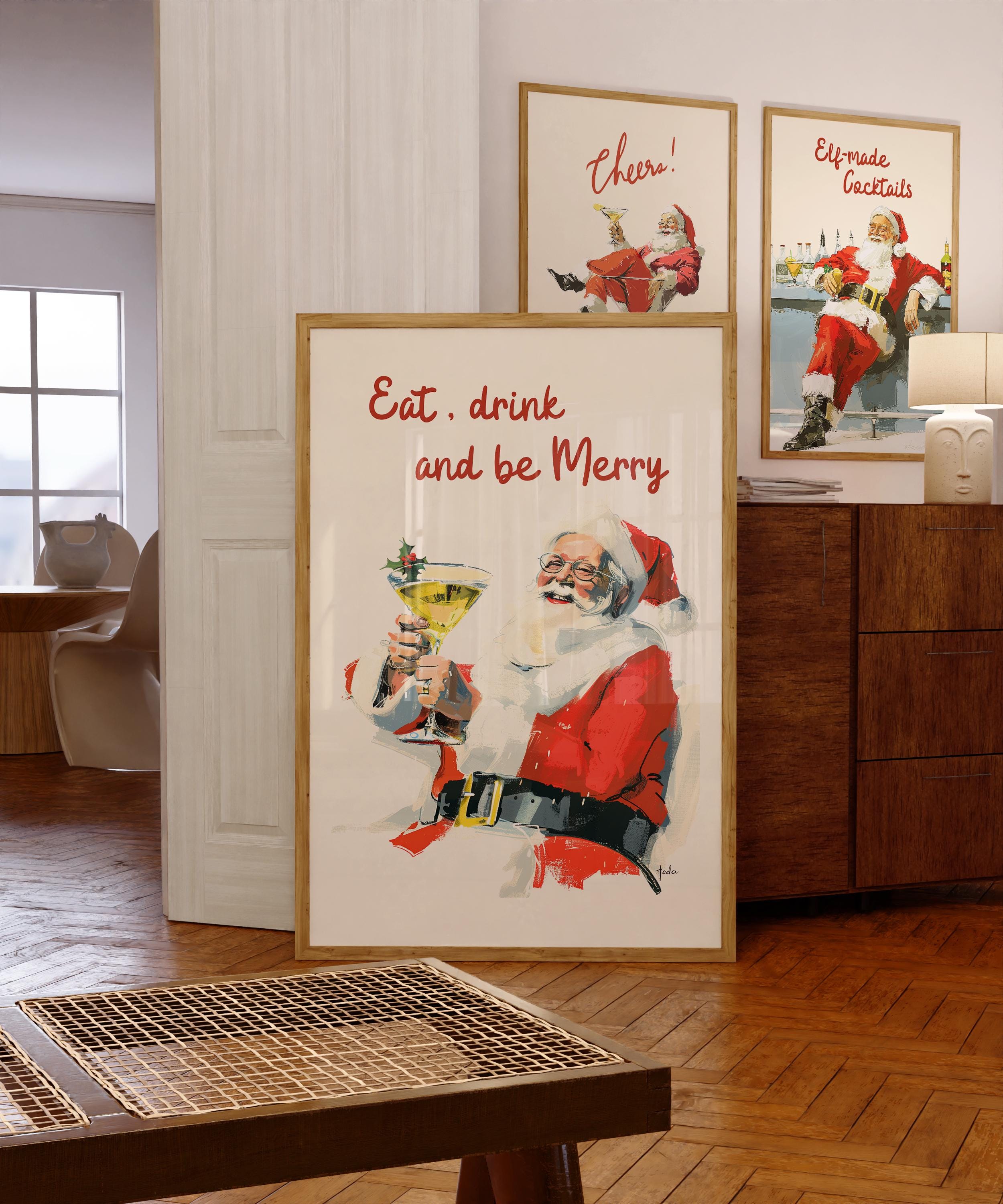 Eat Drink and Be Merry Print, Retro Santa Claus Christmas Poster, Funny Holiday Wall Art, Vintage Bar Decor, Festive Gift, DIGITAL DOWNLOAD