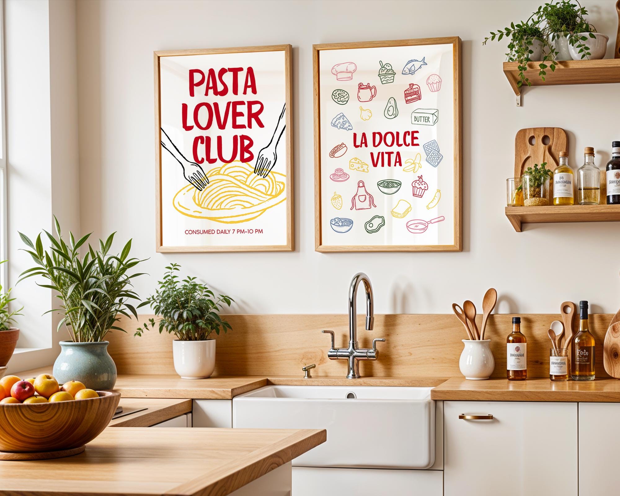 Italian Kitchen Wall Art Set of 6, Pasta Lover Prints, Wine Bar Decor, Buon Appetito Art, Happy Hour Posters, La Dolce Vita Kitchen Gallery