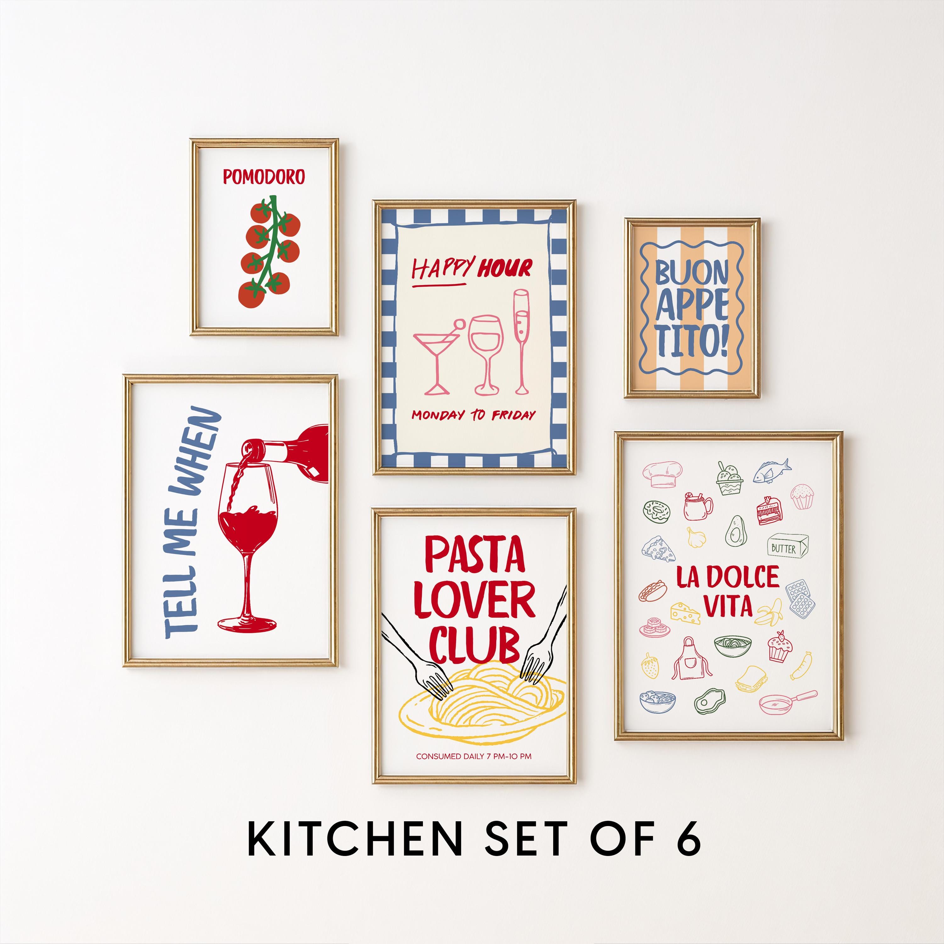 Italian Kitchen Wall Art Set of 6, Pasta Lover Prints, Wine Bar Decor, Buon Appetito Art, Happy Hour Posters, La Dolce Vita Kitchen Gallery