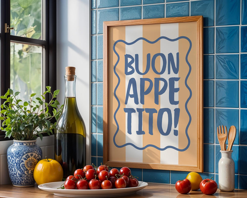 Buon Appetito Kitchen Wall Art Print, Italian Quote Poster, Retro Striped Wall Decor, Pasta Lover Gift, Mediterranean Home Print, DIGITAL