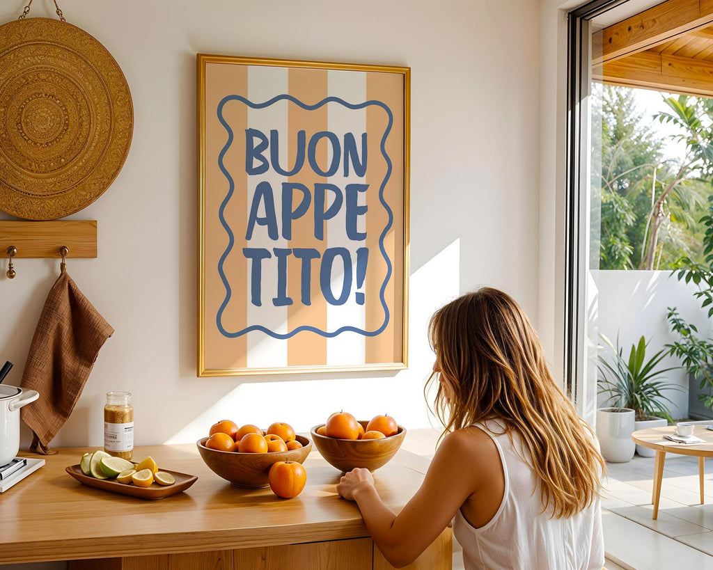 Buon Appetito Kitchen Wall Art Print, Italian Quote Poster, Retro Striped Wall Decor, Pasta Lover Gift, Mediterranean Home Print, DIGITAL