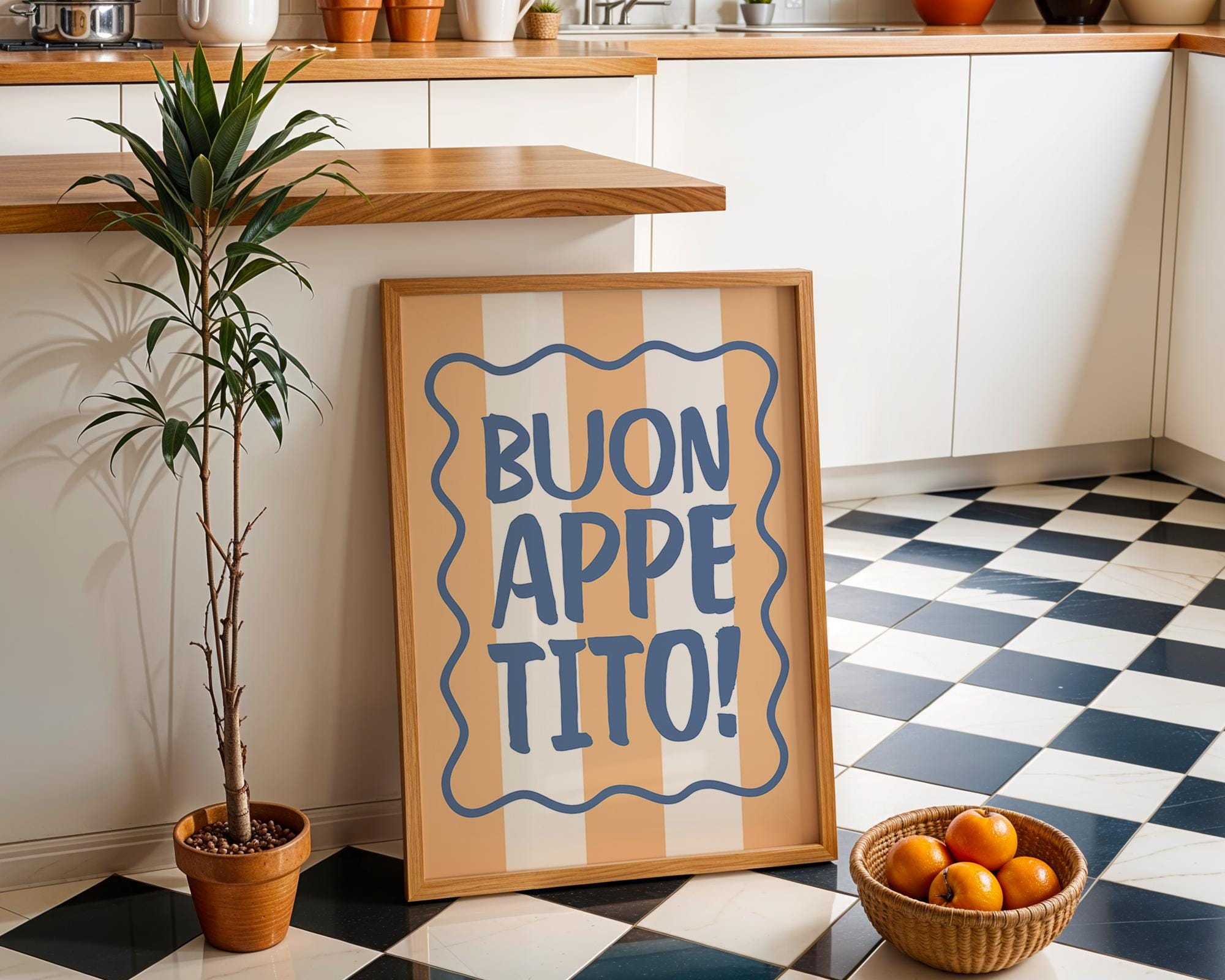 Buon Appetito Kitchen Wall Art Print, Italian Quote Poster, Retro Striped Wall Decor, Pasta Lover Gift, Mediterranean Home Print, DIGITAL