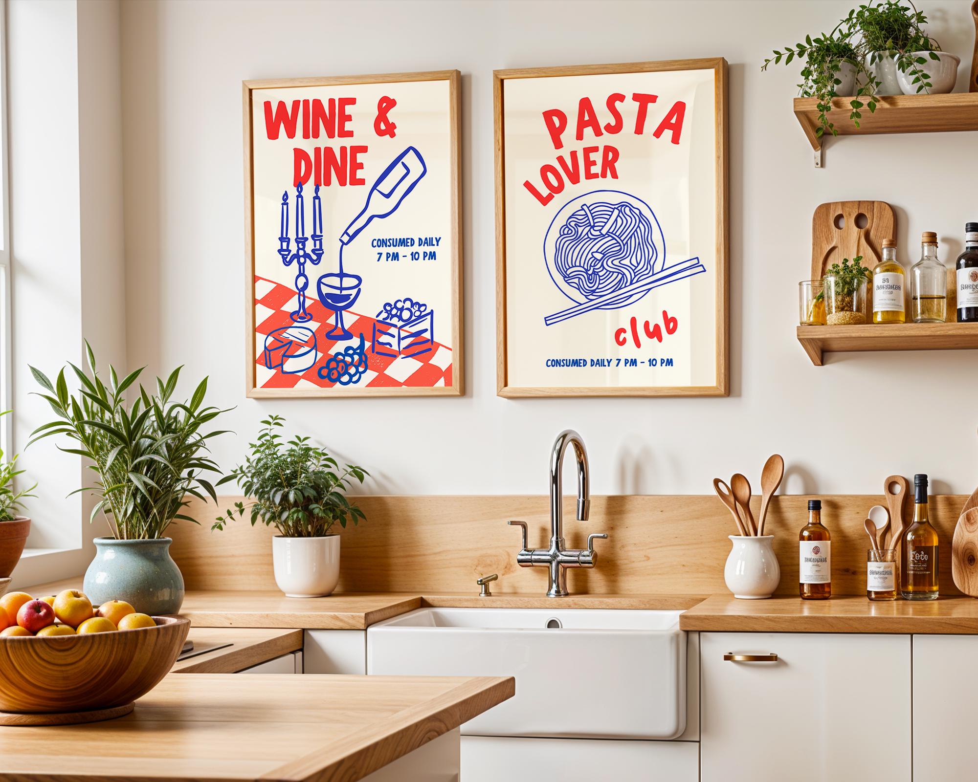 Kitchen Print Set, Food Wall Art Set of 3, Retro Happy Hour Digital Prints, Pasta Club Gallery Wall Set, Wine & Dine Trendy Wall Art