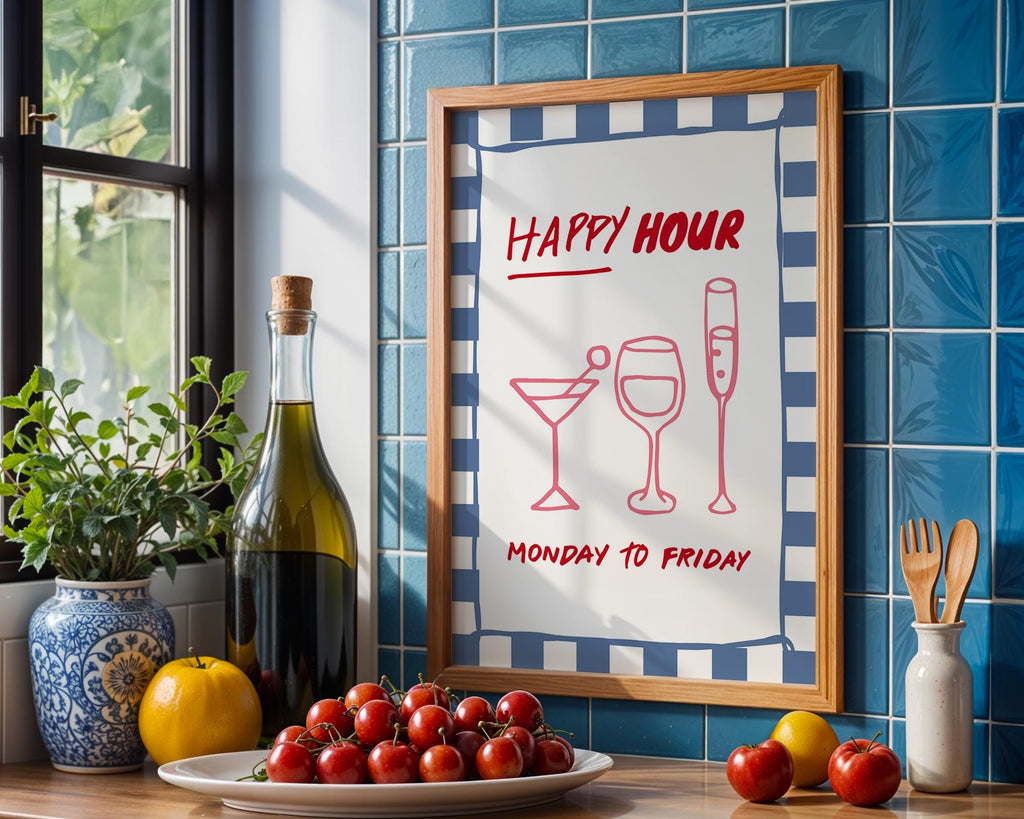 Happy Hour Wall Art Print, Italian Bar Cart Decor, Retro Blue Checkered Poster, Wine Cocktail Art, Kitchen Dining Room Print, DIGITAL