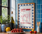 Happy Hour Wall Art Print, Italian Bar Cart Decor, Retro Blue Checkered Poster, Wine Cocktail Art, Kitchen Dining Room Print, DIGITAL