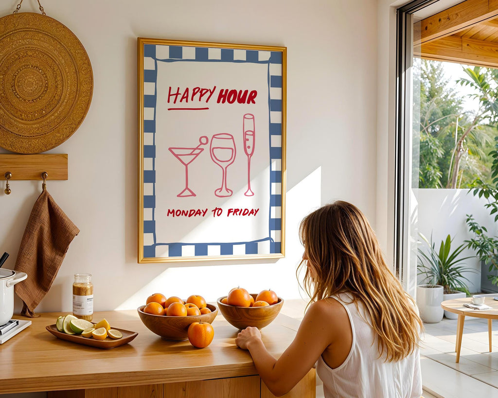 Happy Hour Wall Art Print, Italian Bar Cart Decor, Retro Blue Checkered Poster, Wine Cocktail Art, Kitchen Dining Room Print, DIGITAL