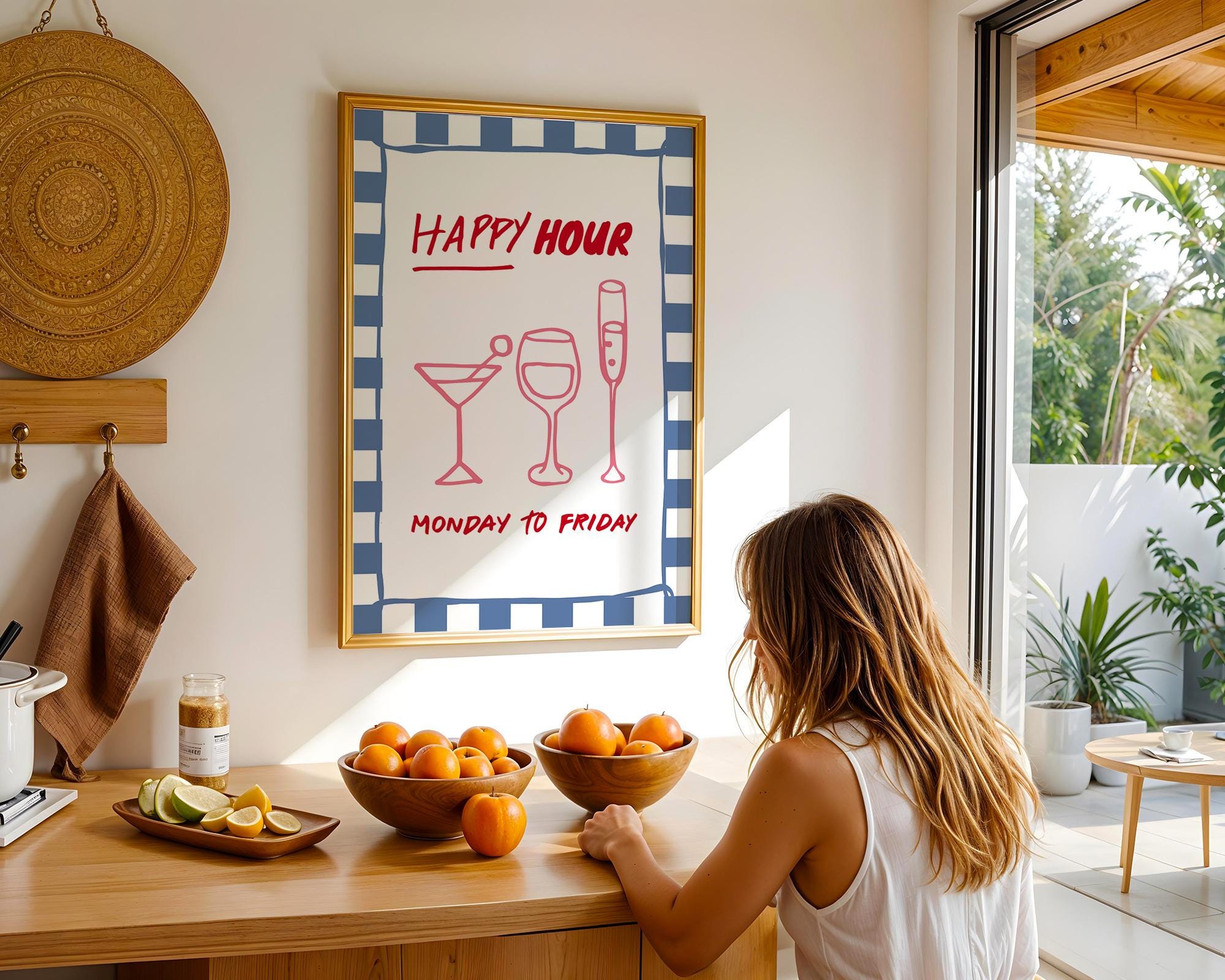 Happy Hour Wall Art Print, Italian Bar Cart Decor, Retro Blue Checkered Poster, Wine Cocktail Art, Kitchen Dining Room Print, DIGITAL
