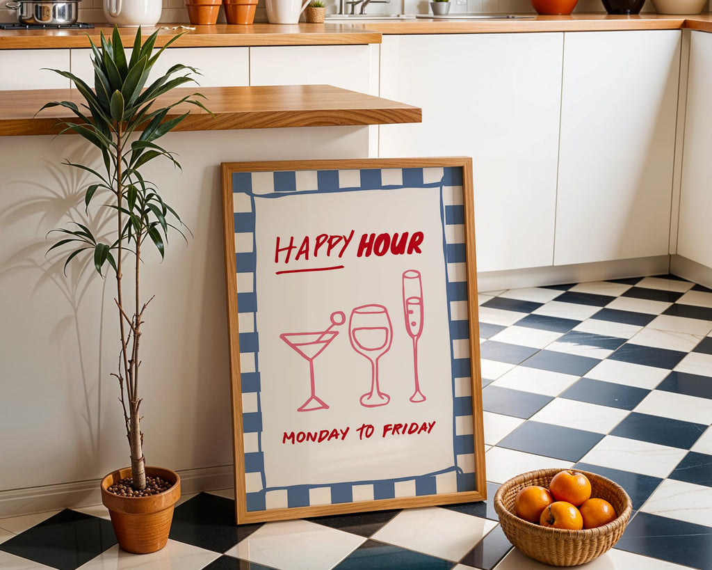 Happy Hour Wall Art Print, Italian Bar Cart Decor, Retro Blue Checkered Poster, Wine Cocktail Art, Kitchen Dining Room Print, DIGITAL